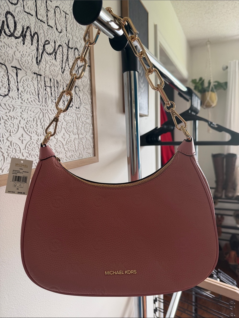 Michael Kors Dusty Rose Leather Shoulder Bag with Gold Chain